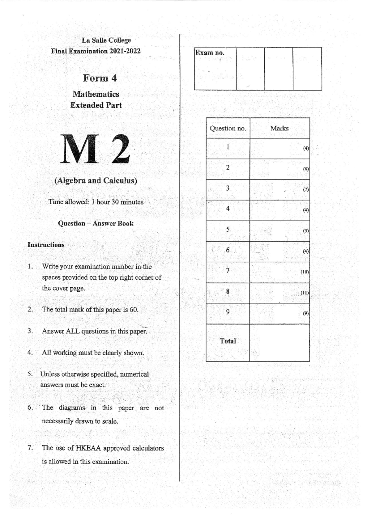 F.4 Final Exam M2 LSC 2122: Algebra and Calculus Questions - Studocu