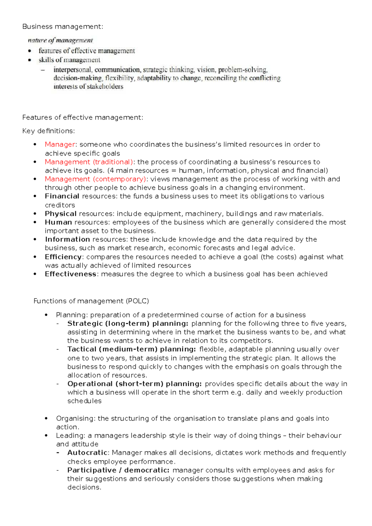 BUS 101: Features of Effective Management and Key Definitions - Studocu