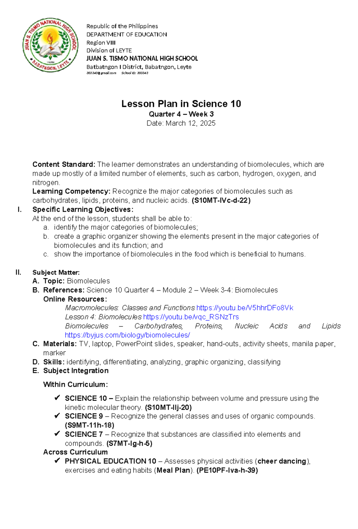 Science 10 COT Q4 – Lesson Plan on Biomolecules (March 2025) - Studocu