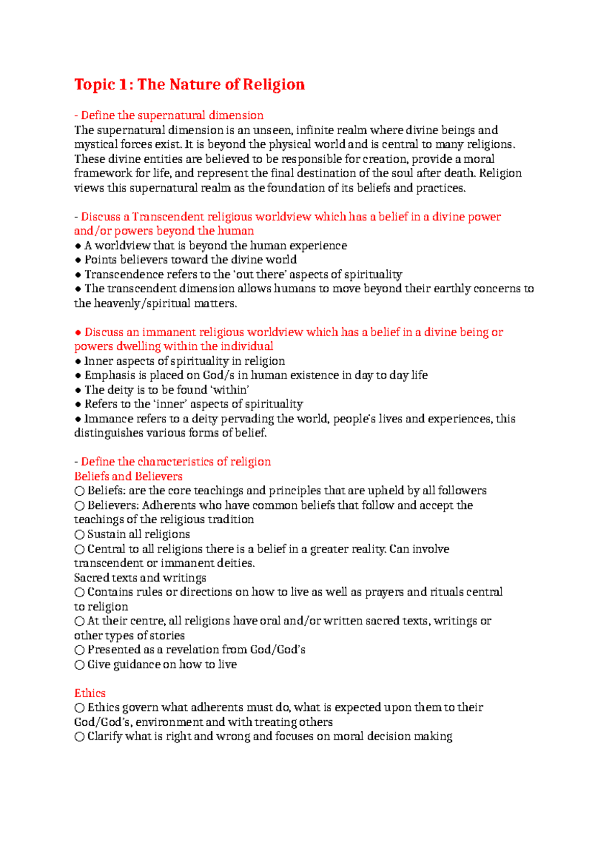 Studies of religion notes term 1 - Topic 1: The Nature of Religion ...
