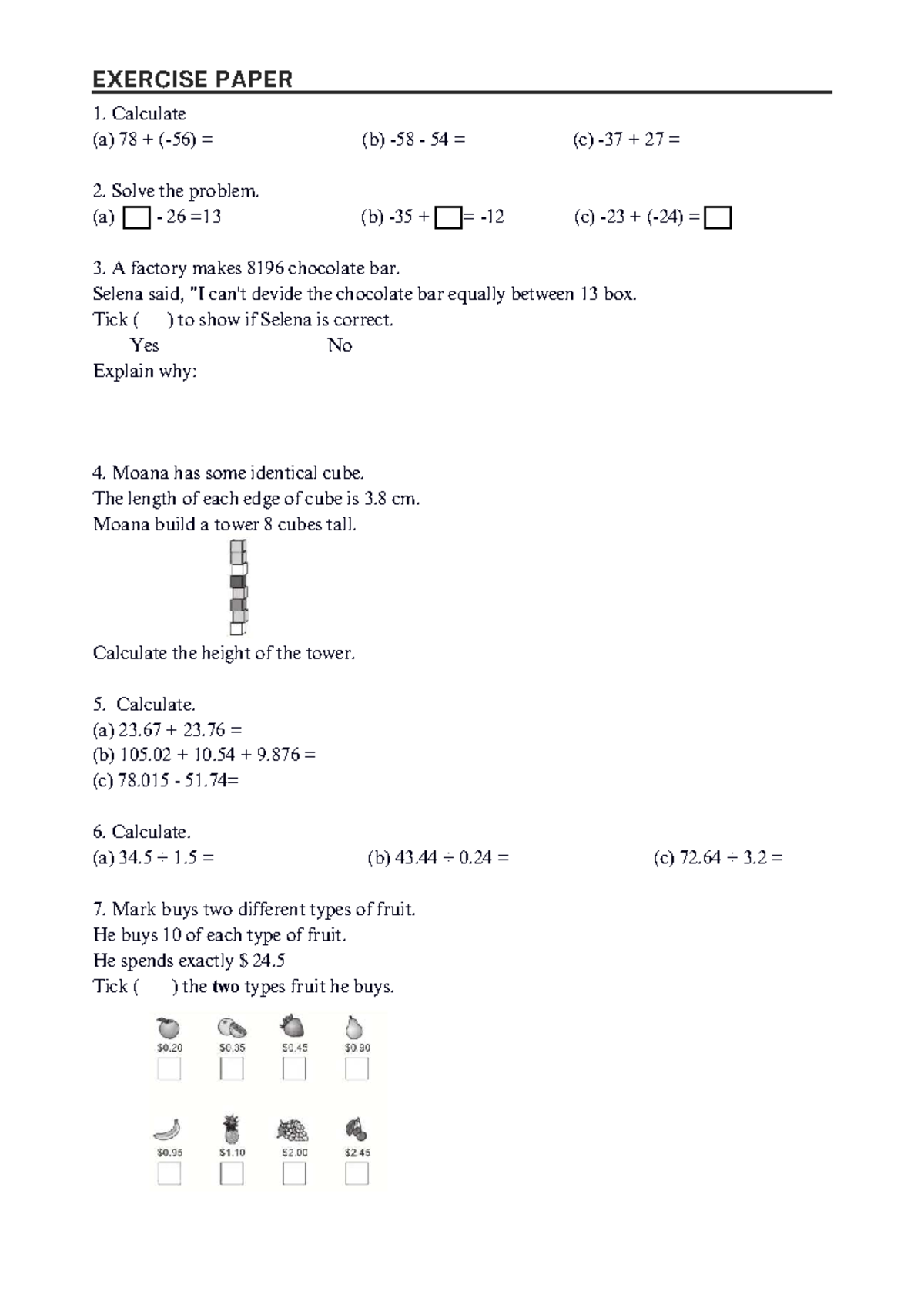 Exercise Paper 01: Math Problems and Calculations - Studocu