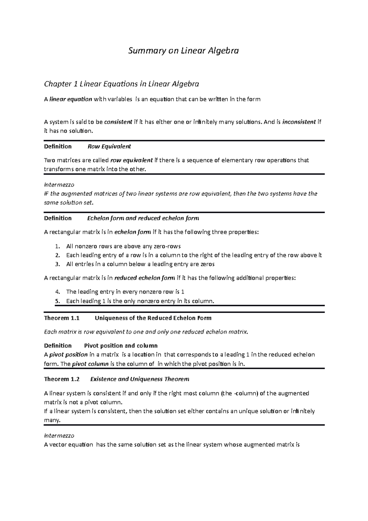 Linear Algebra Summary: Key Concepts and Theorems - Studeersnel