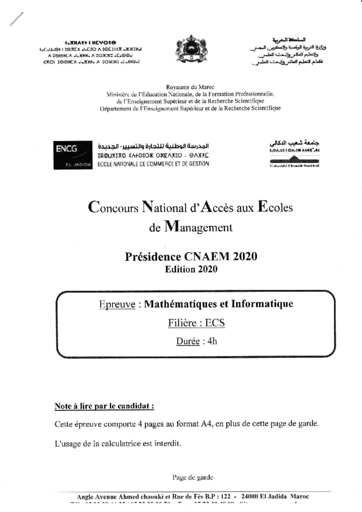 CNAEM 2020 Épreuve de Mathématiques et Informatique Filière ECS - Studocu