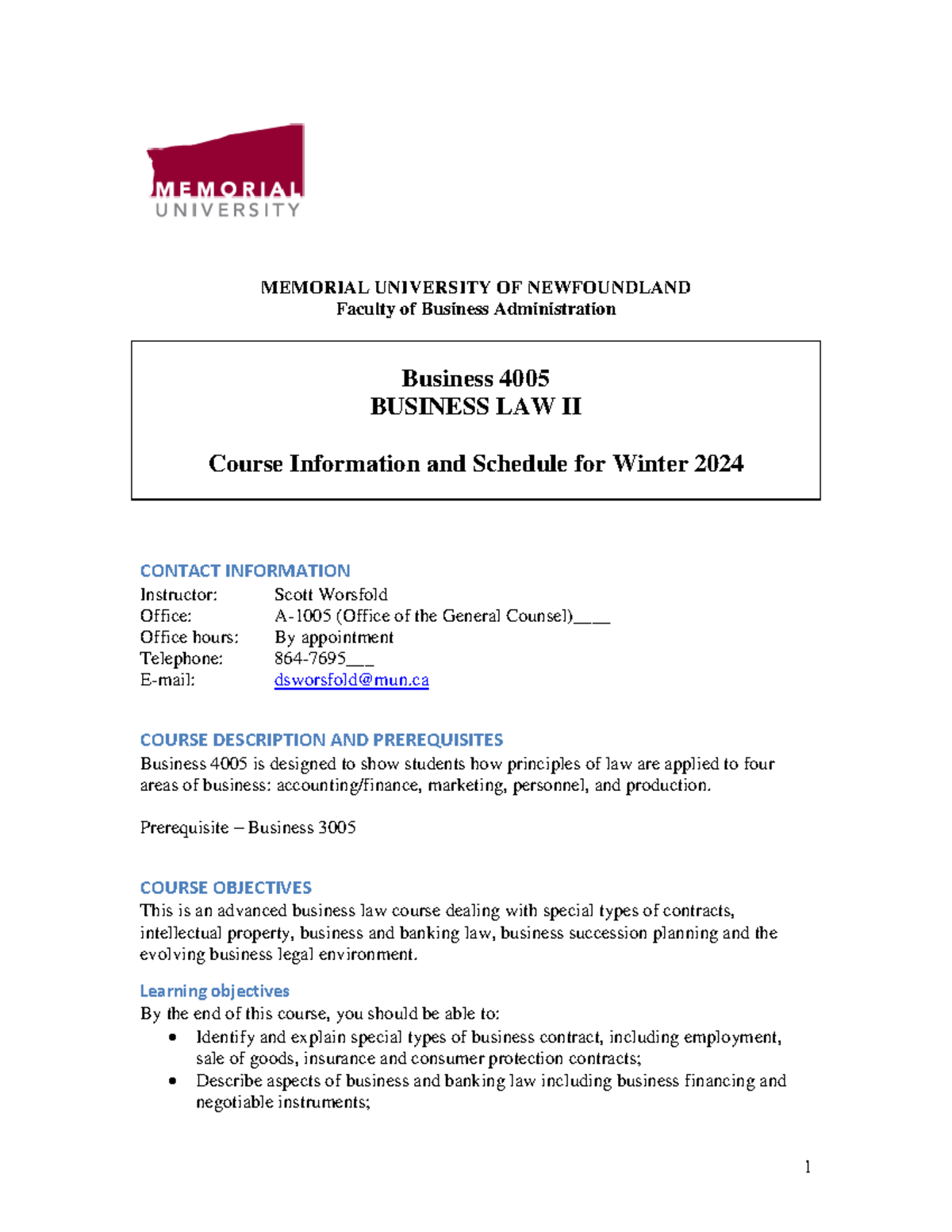 Business 4005 - Course Outline for Winter 2024: Business Law II - Studocu