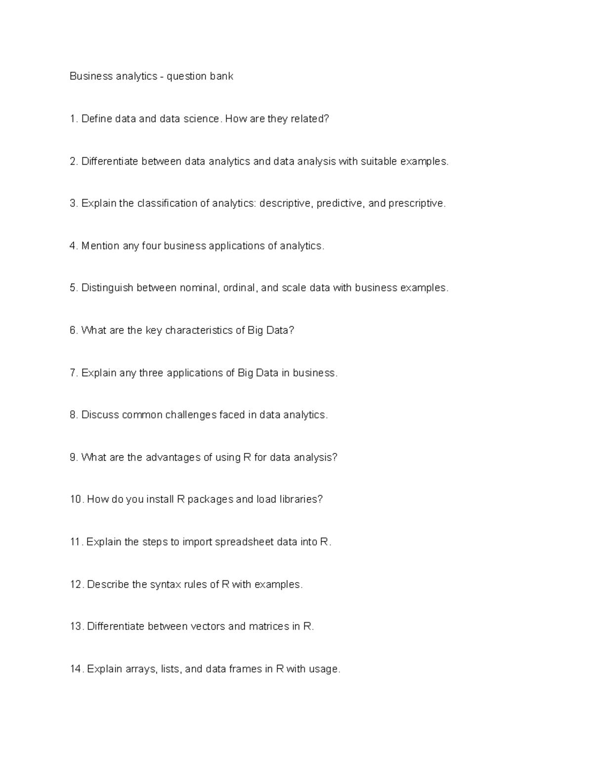 Business Analytics Question Bank: R Programming & Data Analysis - Studocu
