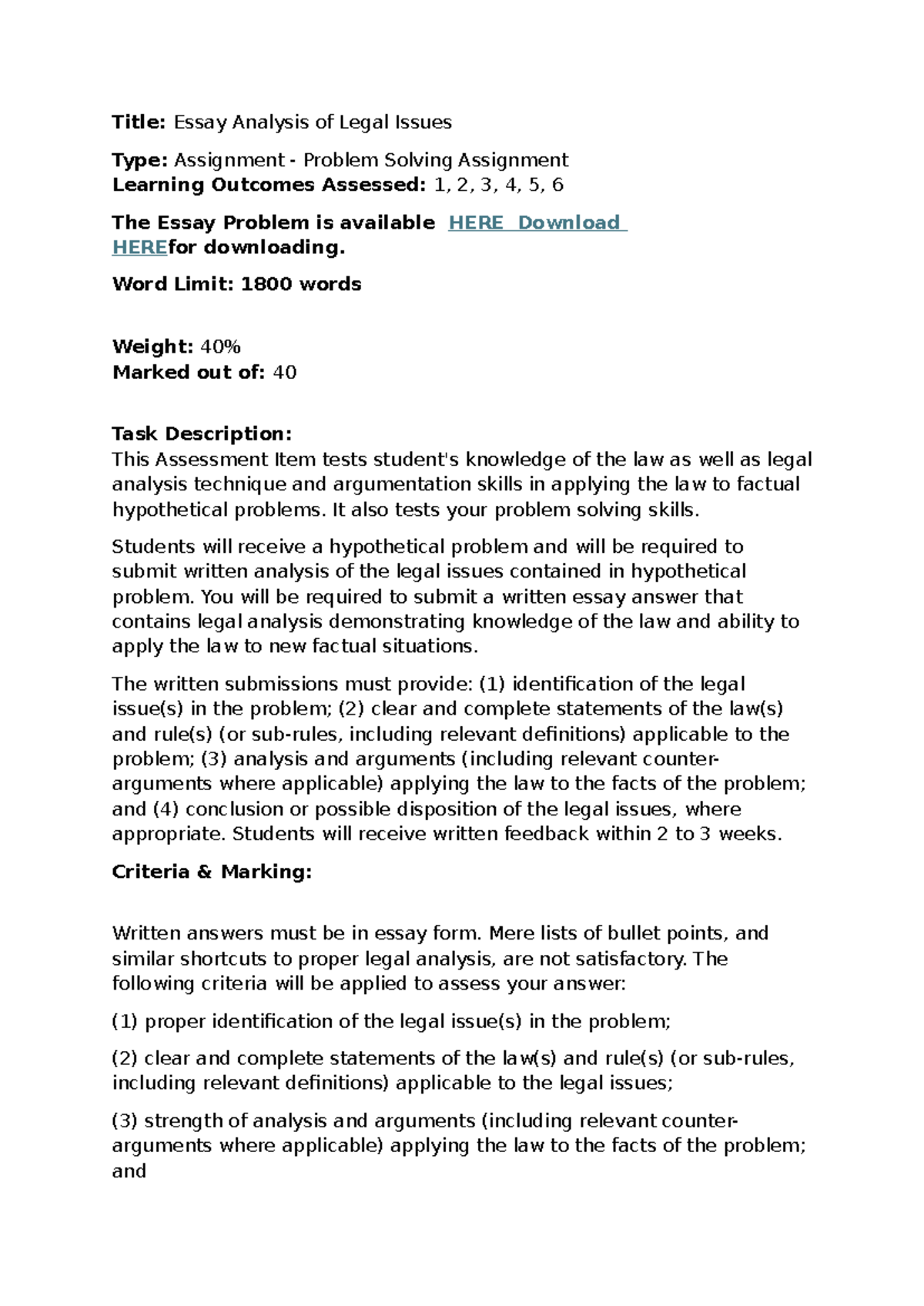 Legal Issues Essay Analysis - Assignment 1 (Problem Solving) - Studocu