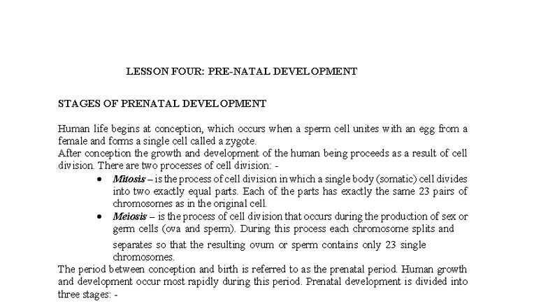 LESSON FOUR: PRENATAL DEVELOPMENT STAGES (EIGHT NOTES) - Studocu