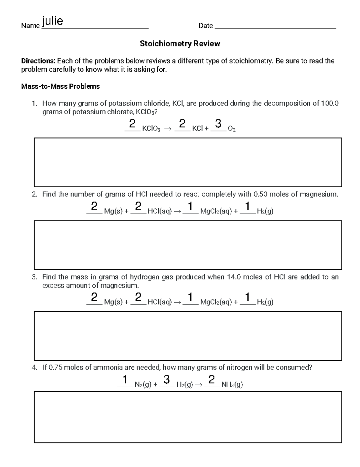 Stoichiometry Review Problems for Chemistry 101: Practice Questions ...