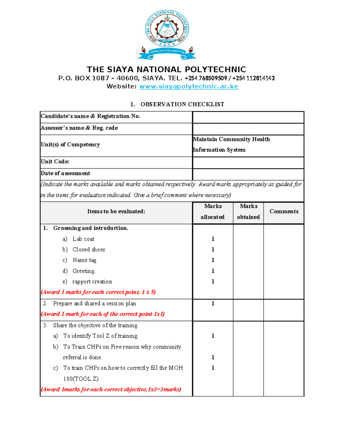 Observation Checklist for Community Health Training (Unit Code: MOH 100 ...