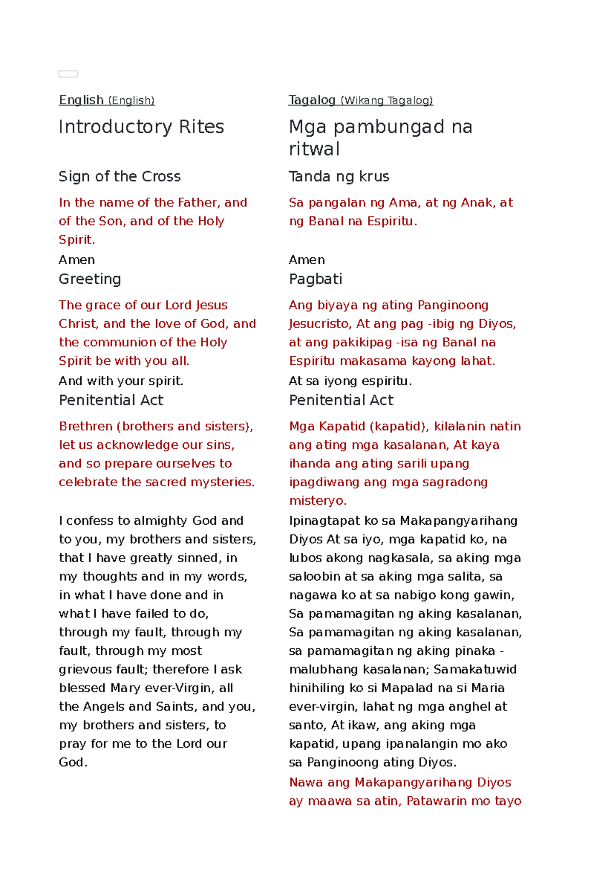 Mass and Liturgical Responses in English and Tagalog - Studocu