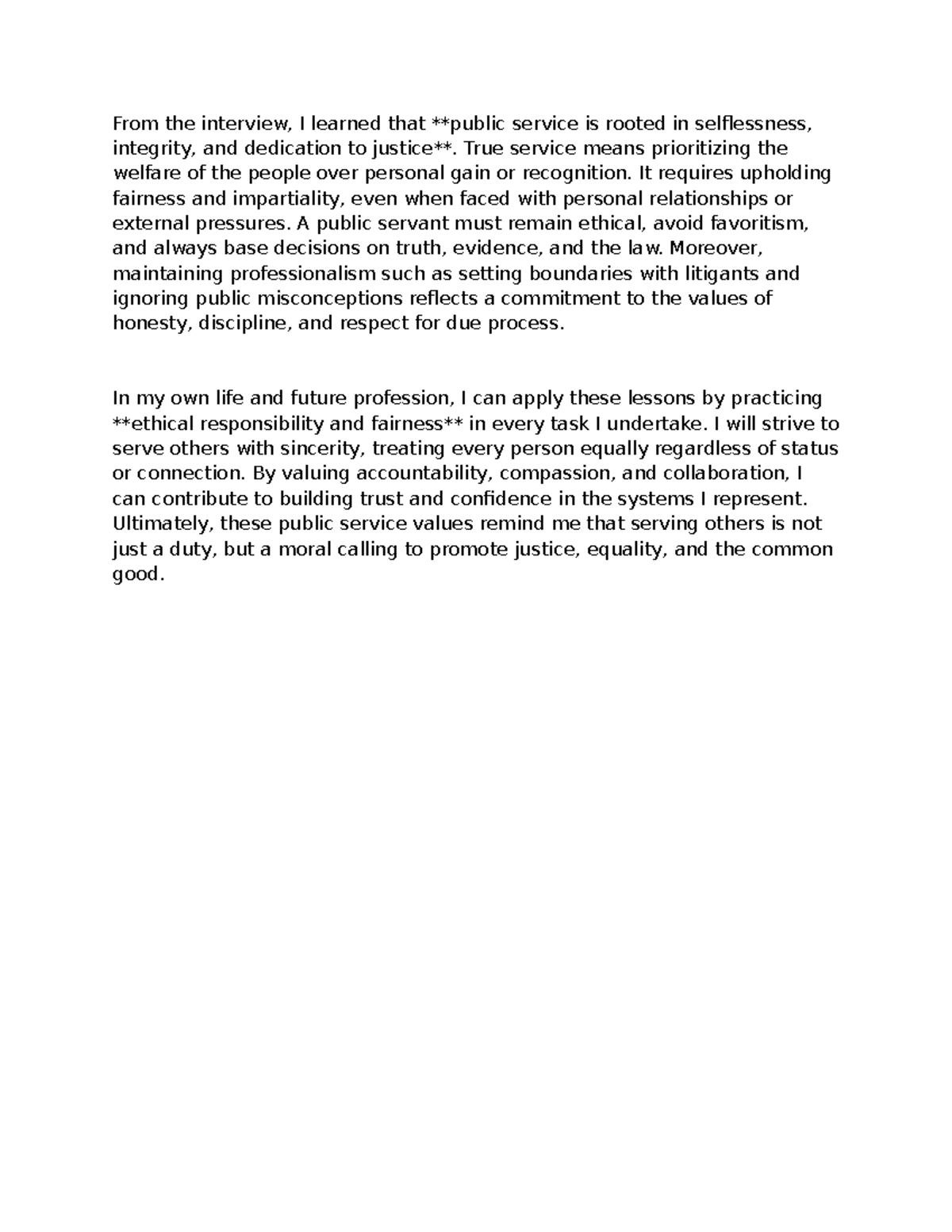 Reflection on Public Service Values and Ethics - Studocu