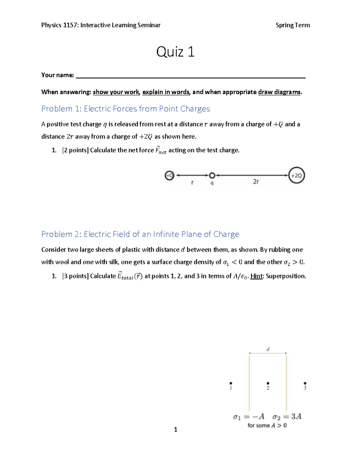 Physics 1157: Spring Term Quiz 1 Practice Problems - Studocu