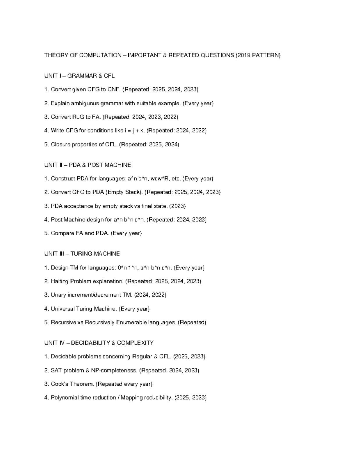 TOC Important Repeated Questions (2019 Pattern) - Unit I to IV - Studocu