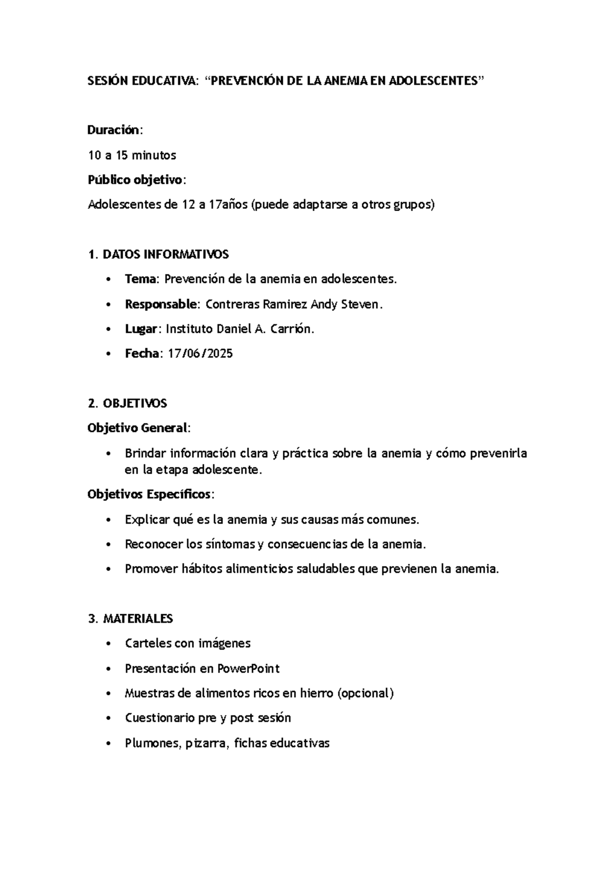 Sesión Educativa: Prevención de la Anemia en Adolescentes (SES-001) - Document Preview