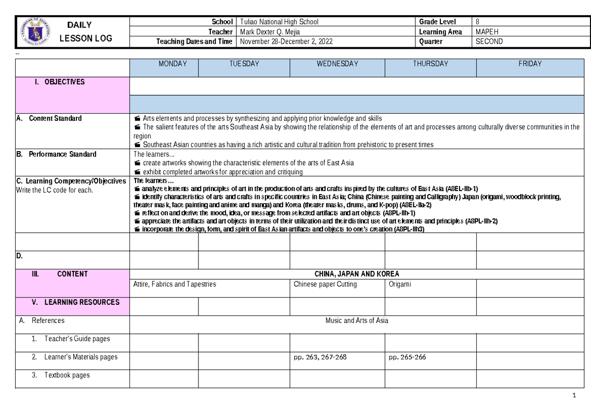 DLL - MAPEH Week 4 Quarter 2 Lesson Plan on East Asian Arts - Studocu