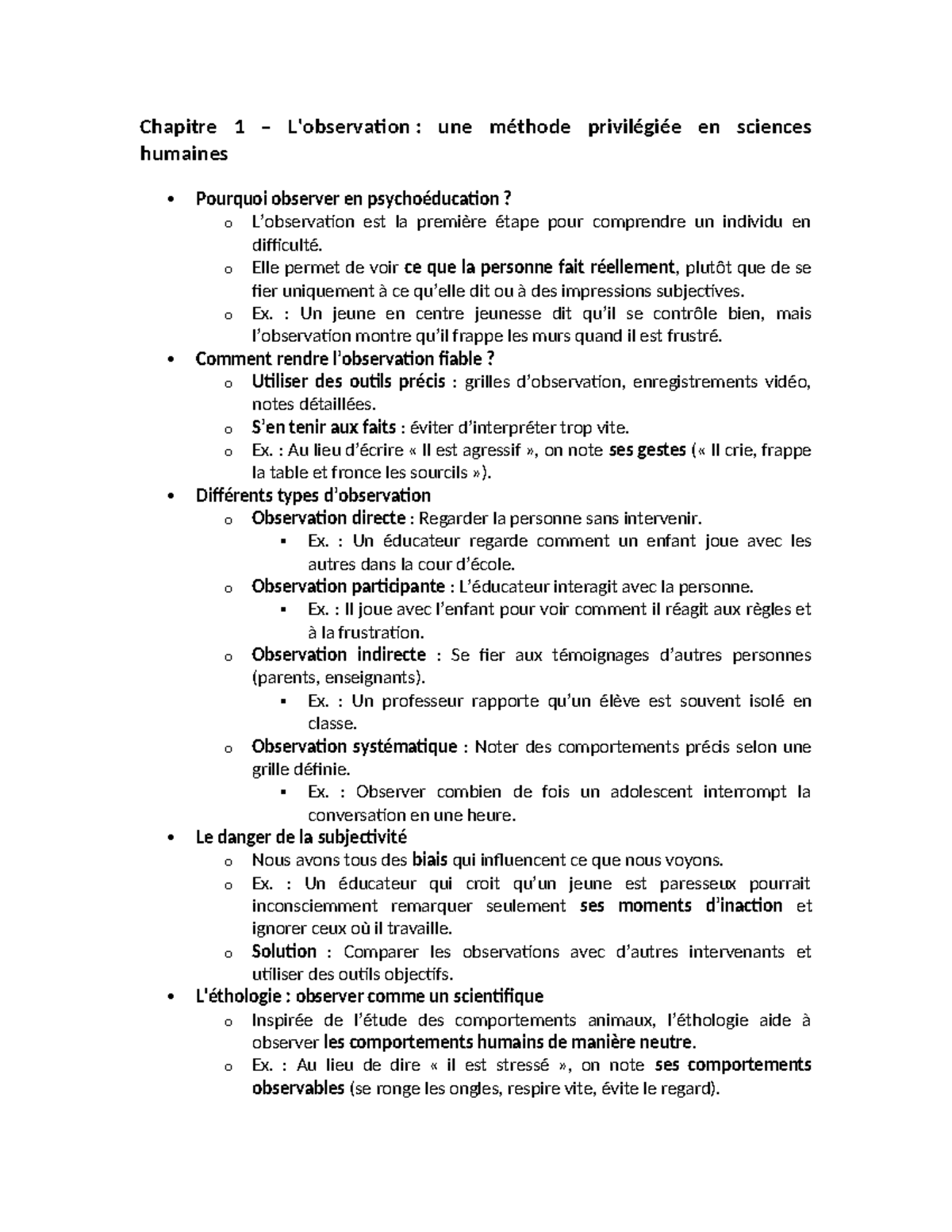 Résumé du Chapitre 1 : Méthodes d'Observation en Psychoéducation ...