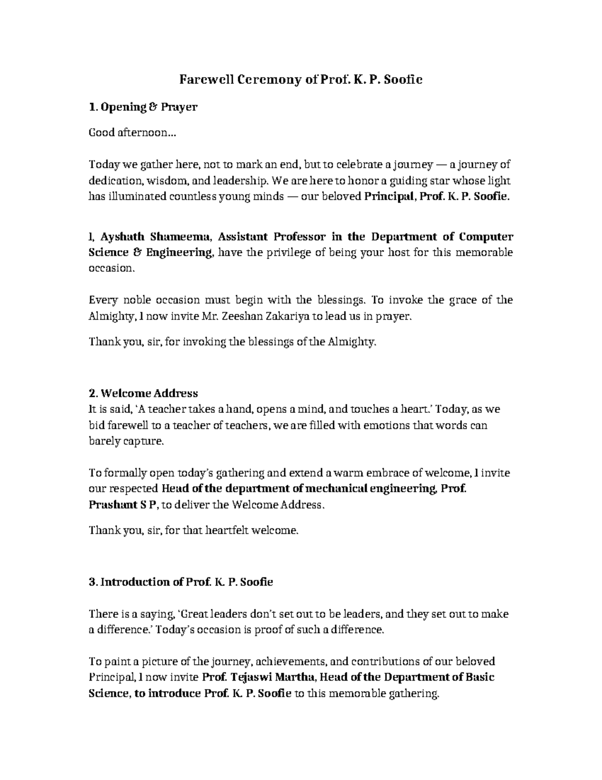 Farewell Ceremony Script for Prof. K. P. Soofie - Studocu
