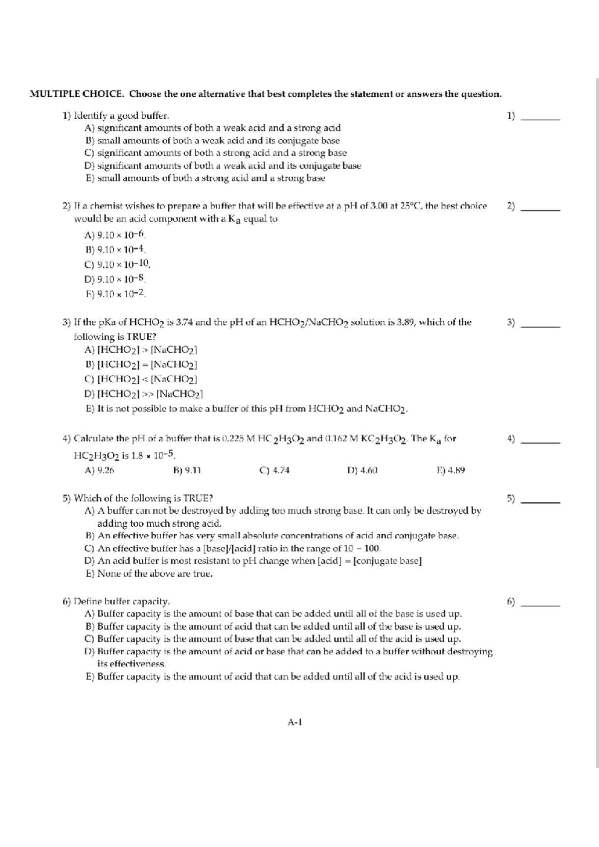 Chemistry Quiz: Buffer Solutions and Titration Concepts - Studocu