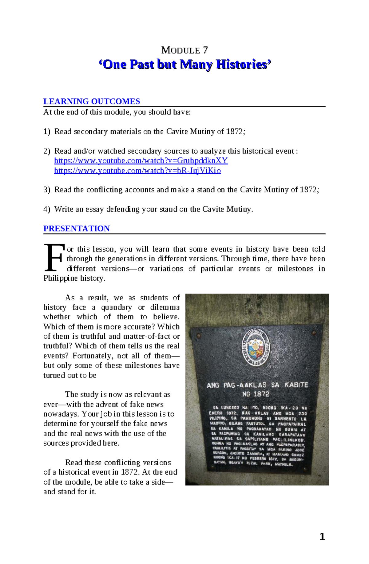 MODULE 7: Analyzing the Cavite Mutiny of 1872 - Learning Outcomes - Studocu