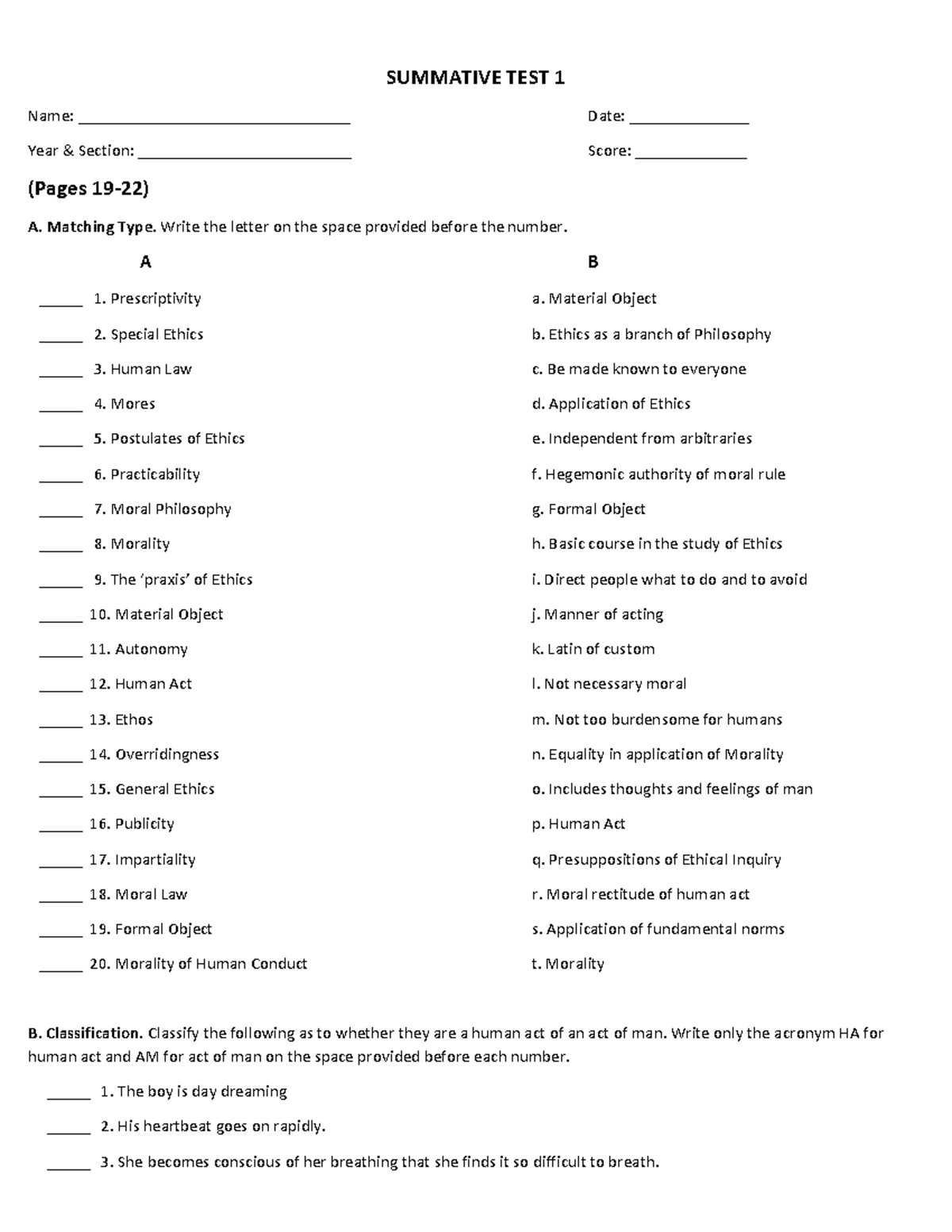 Summative Tests 1-3 with Answer Key for Ethics Course (ECP 101) - Document Preview