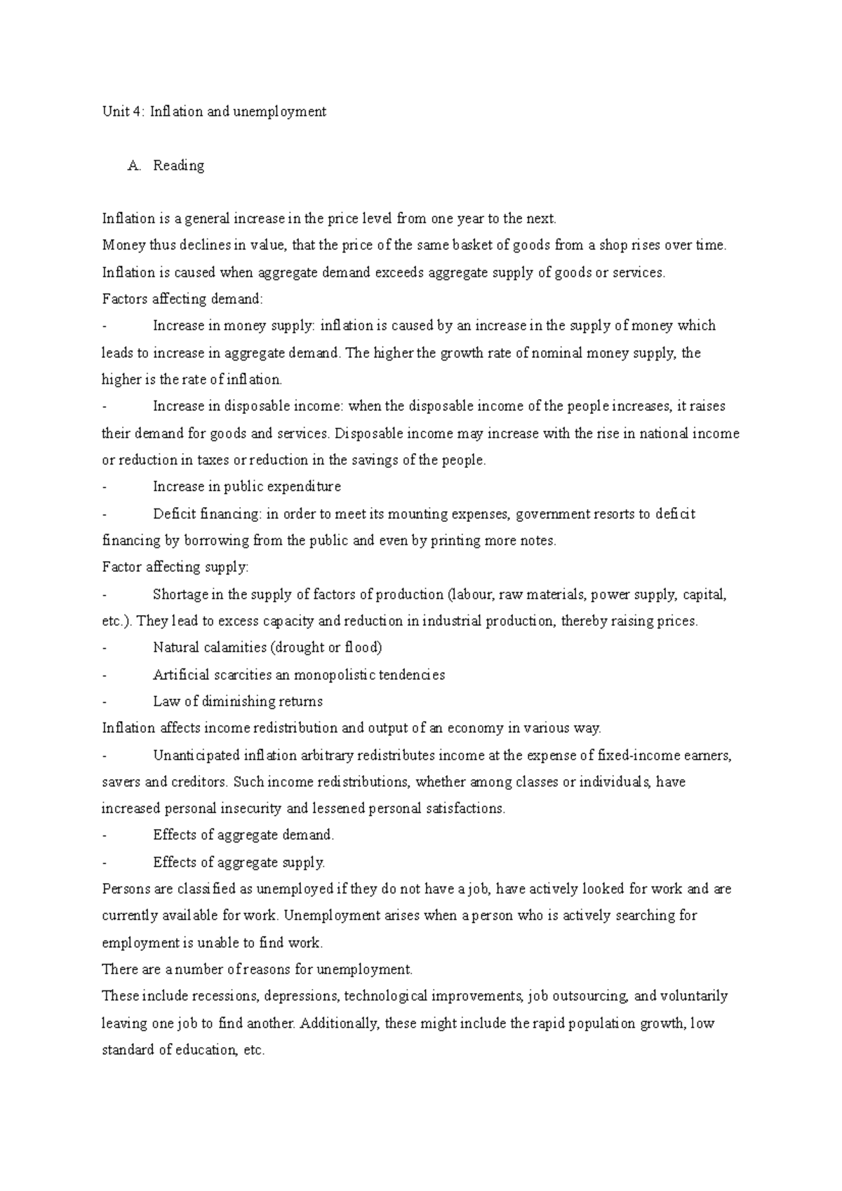 Unit 4 - Inflation and Unemployment Insights - Studocu