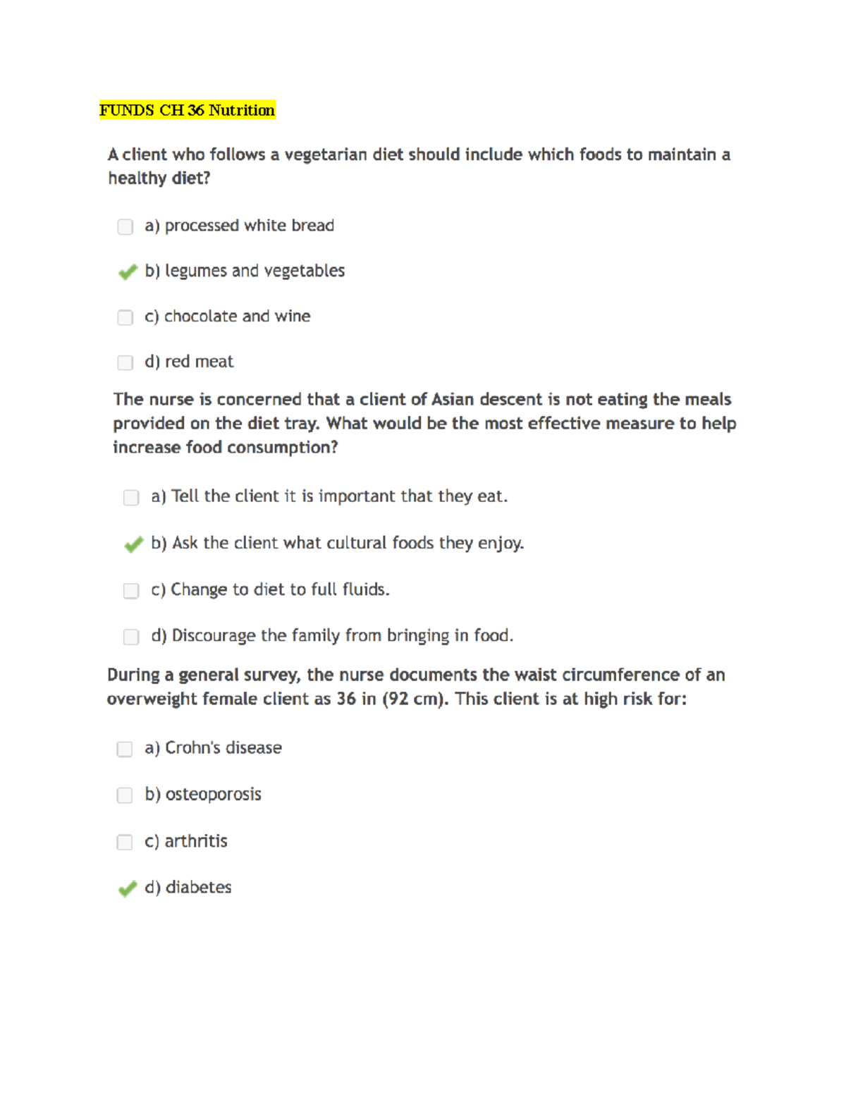 Funds EXAM 2 CH 36 Practice QS - FUNDS CH 36 Nutrition A client who ...