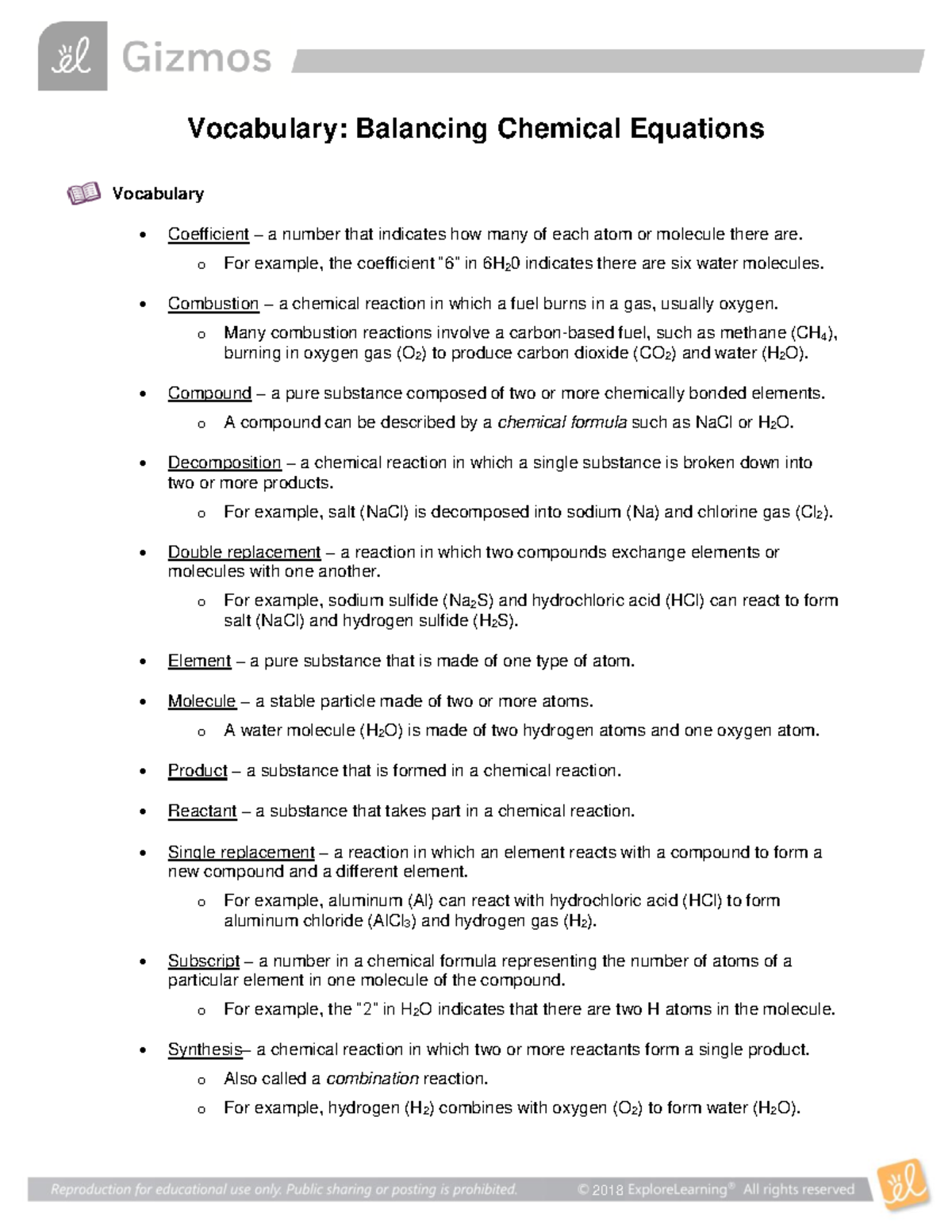 Balancing Chemical Equations Vocabulary for CHEM 2018 - Studocu