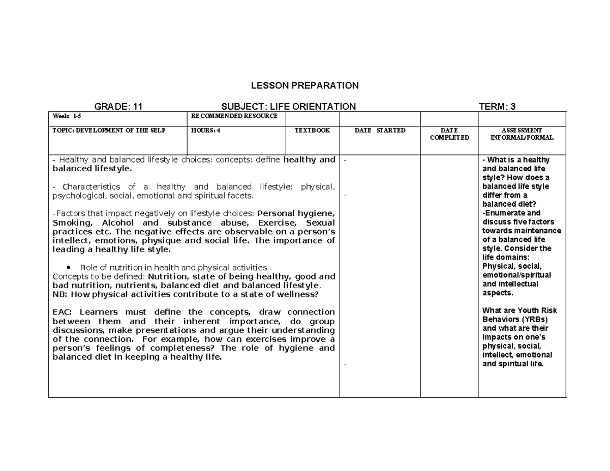 Grade 11 Life Orientation Lesson Plans: Self Development & Career ...