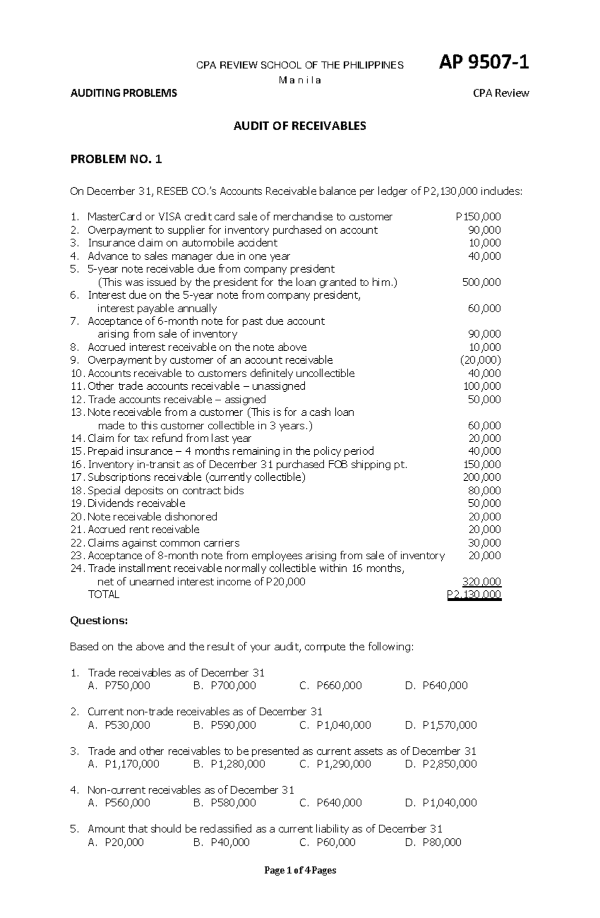 AP 9507-1 AUDITING PROBLEMS: RECEIVABLES PRACTICE QUESTIONS - Studocu