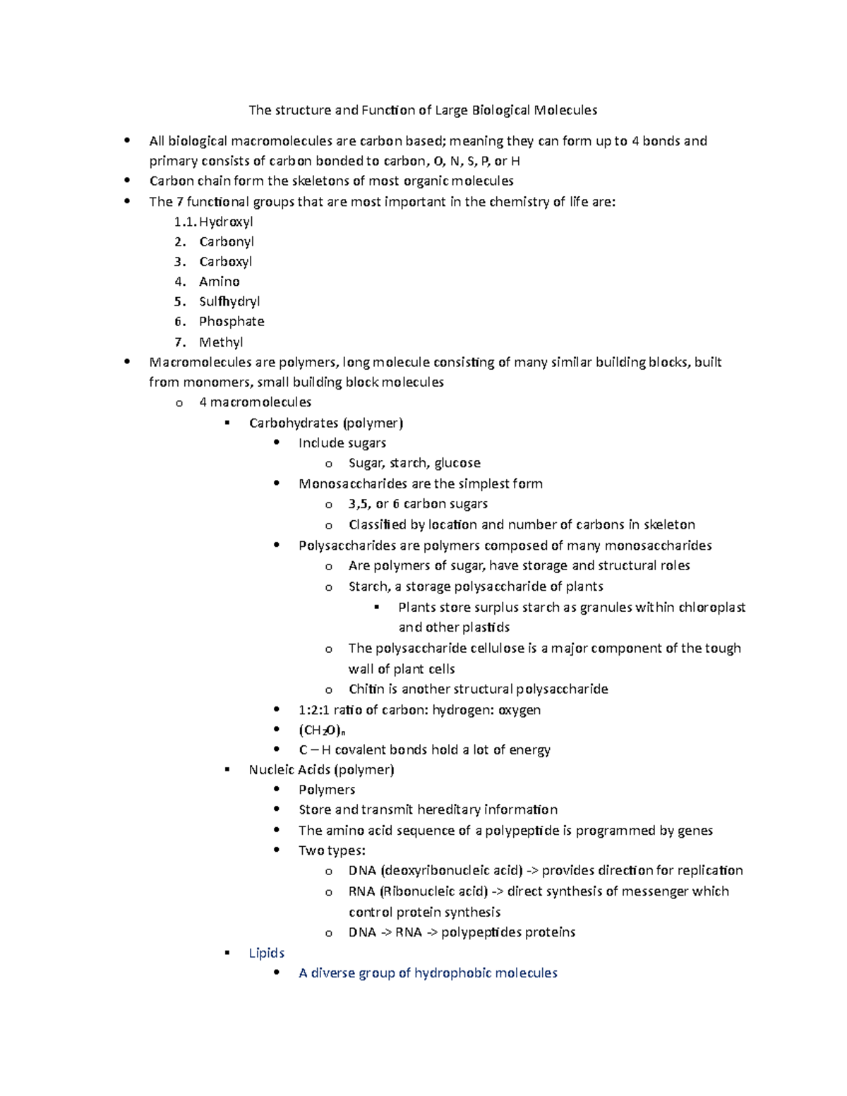Bio Chp. 5 Notes - Exploring Large Biological Molecules - Studocu