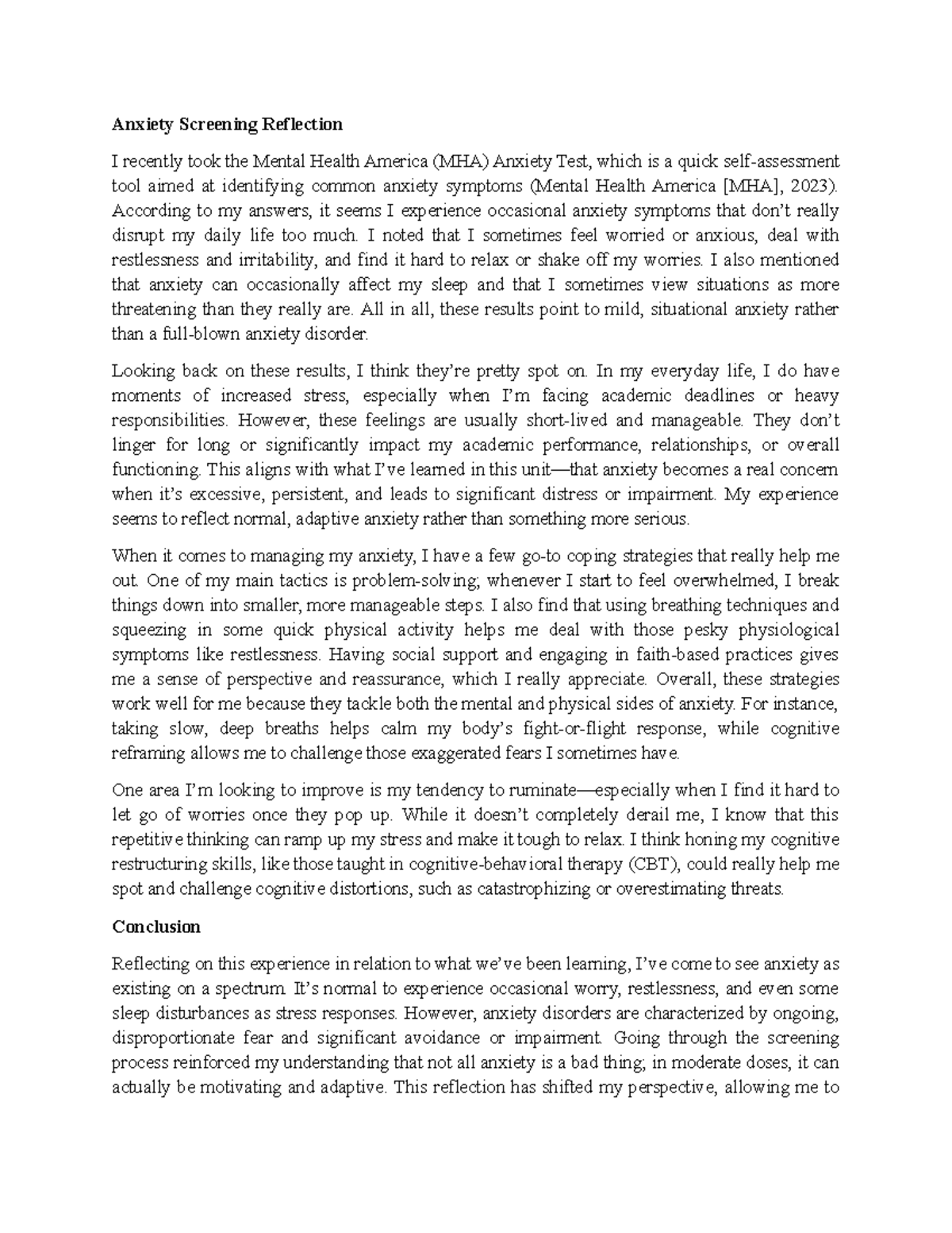 Anxiety Screening Reflection for UoPeople Assignment - Studocu