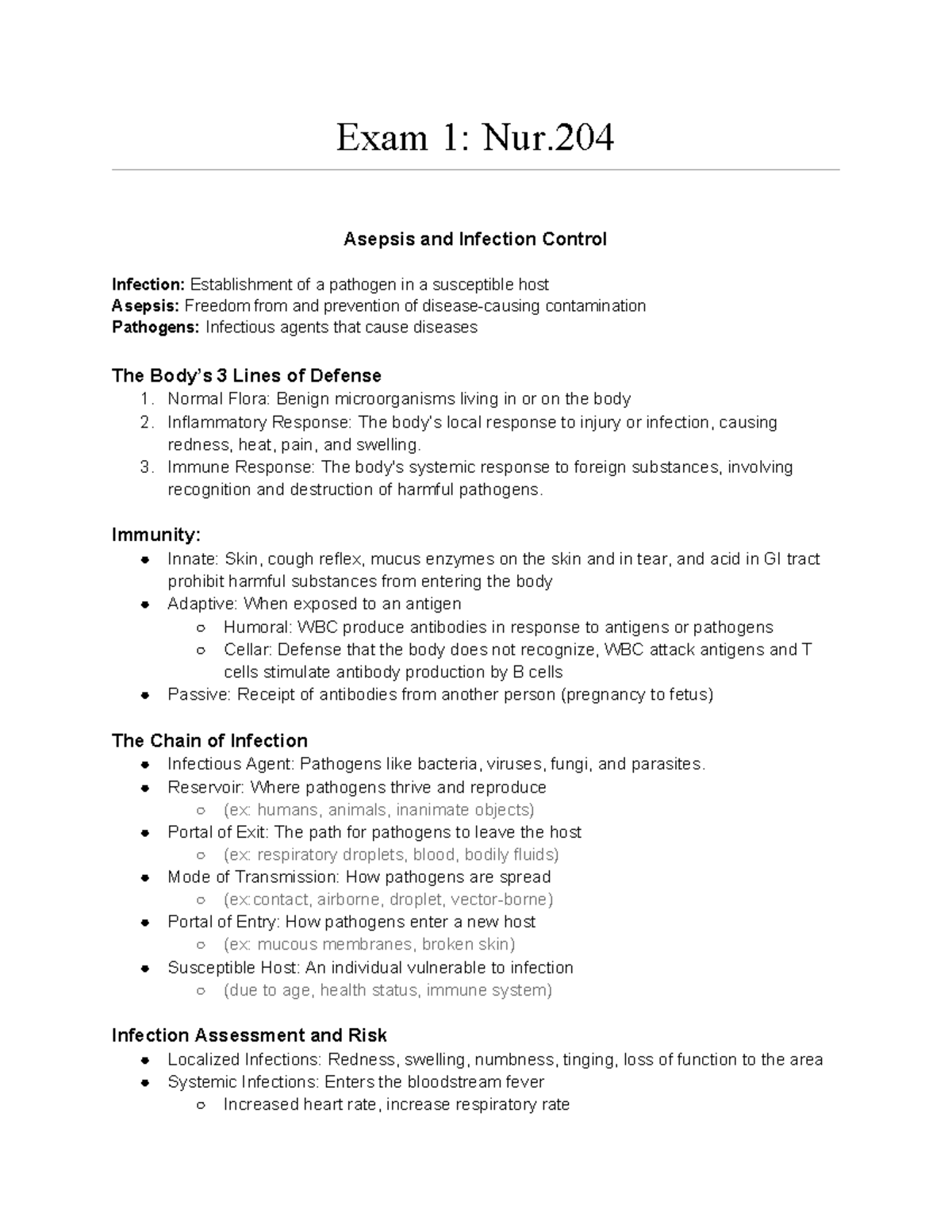 204 Exam 1 Study Guide: Asepsis, Infection Control & Nursing Care - Studocu