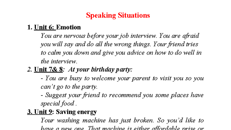 Speaking Situations C1: Emotions, Interviews, and Advice - Studocu
