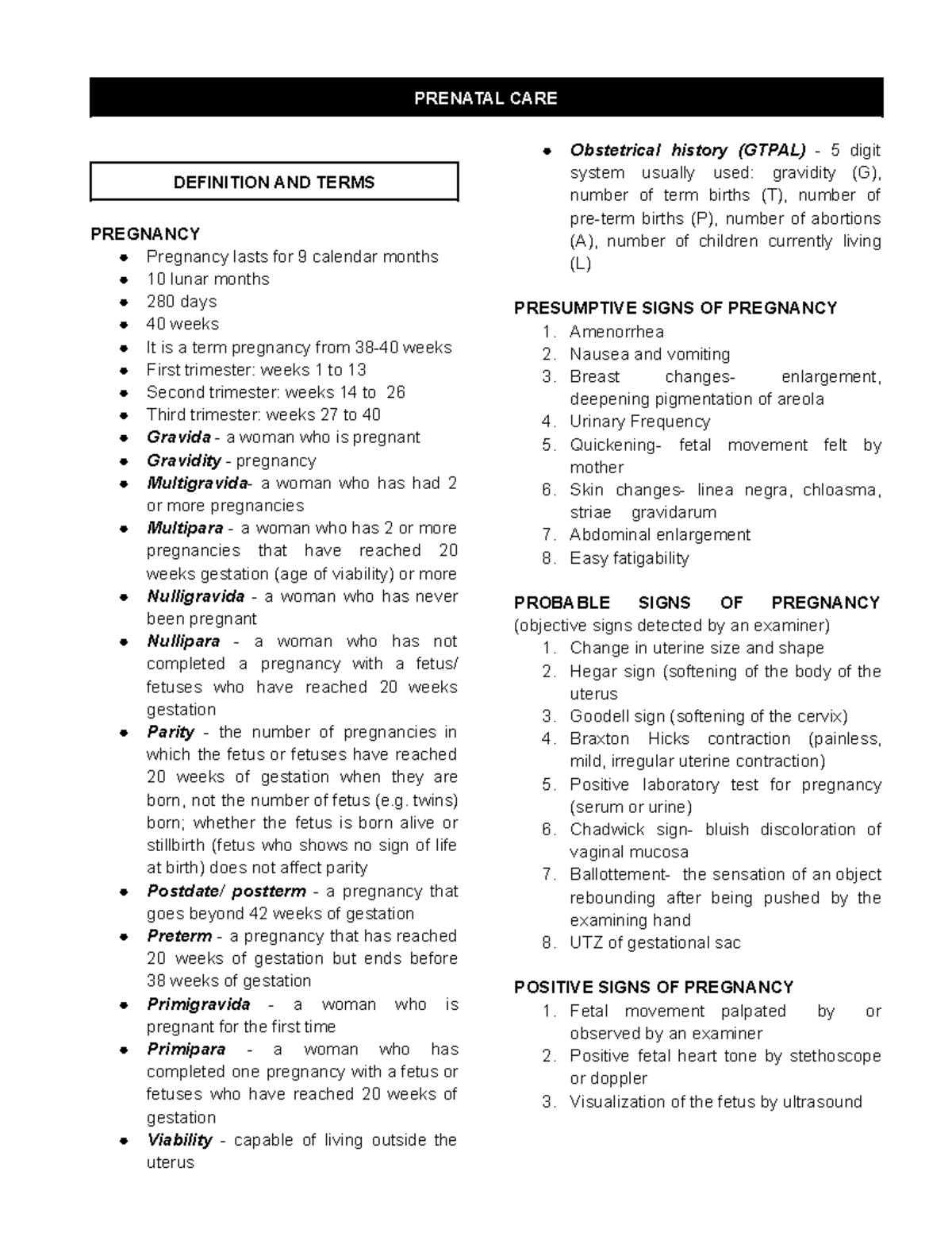 Prenatal Care Nursing Notes - Definitions, Assessments & Changes - Studocu