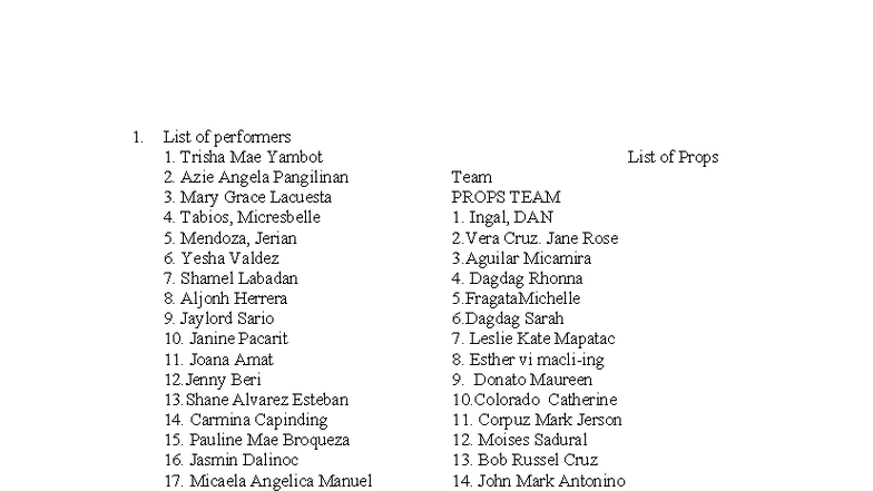List of Performers and Props Team for Event - Studocu