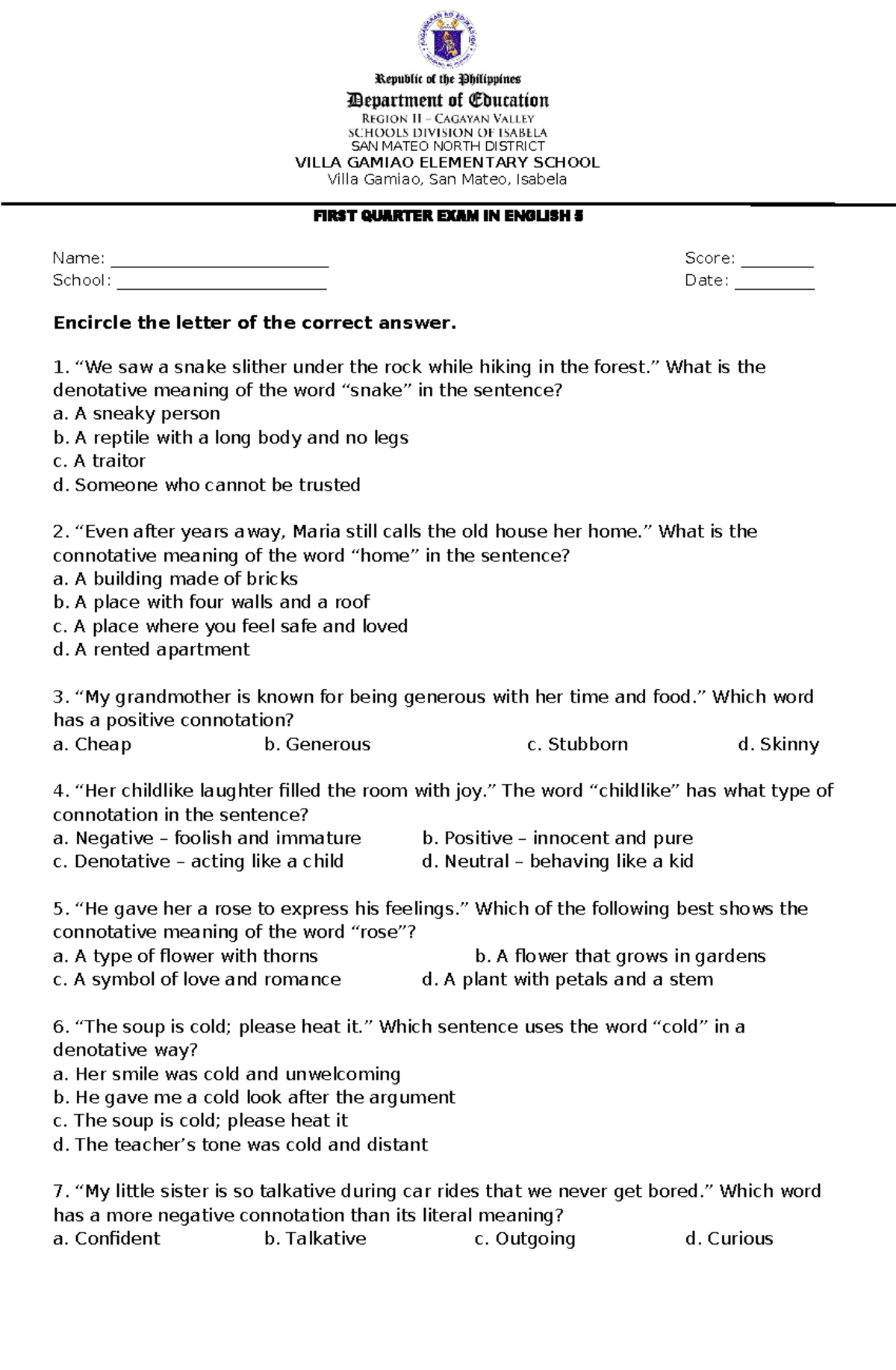 G5 ENG 5 - First Quarter Exam Questions and Answers - Studocu