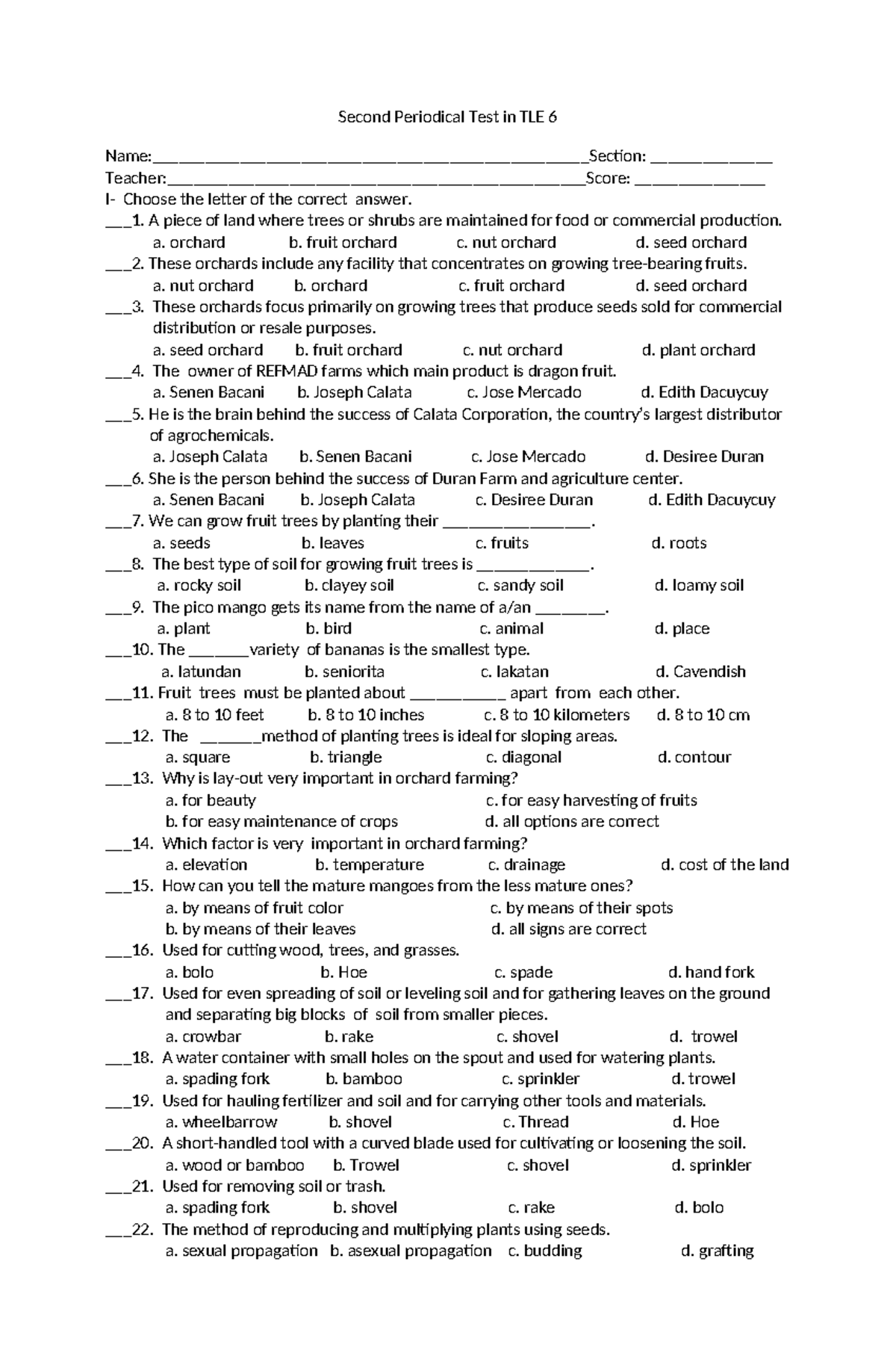 PT TLE 6 Q1 - tle 6 - Second Periodical Test in TLE 6 - Studocu