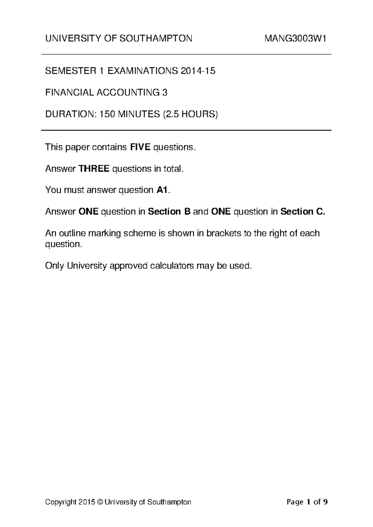 MANG3003 W1 Financial Accounting Exam Paper - Winter 2014-15 - Studocu