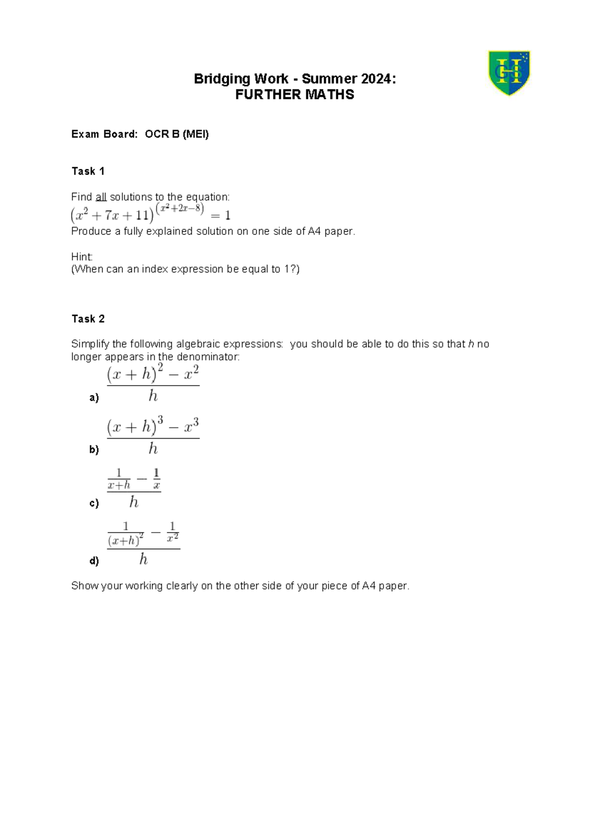 Further Maths Bridging Work Summer 2024: OCR B Exam Tasks - Studocu