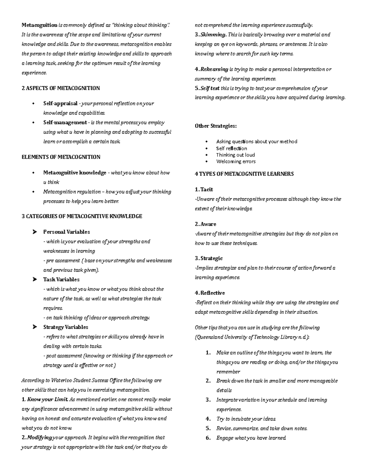 Uts grp 2 - Lecture Notes on Metacognition: Understanding Learning ...