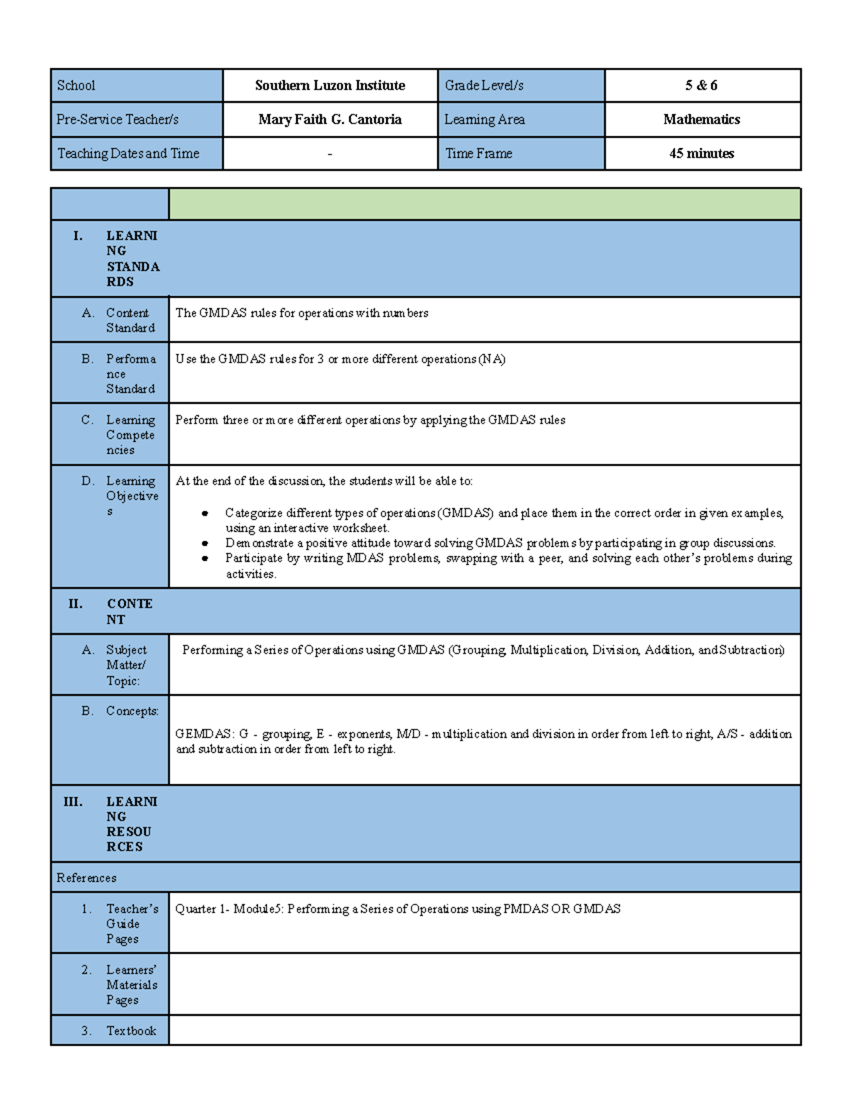 PPST 20 Multigrade: GMDAS Operations Lesson Plan for Grade 5 - Studocu