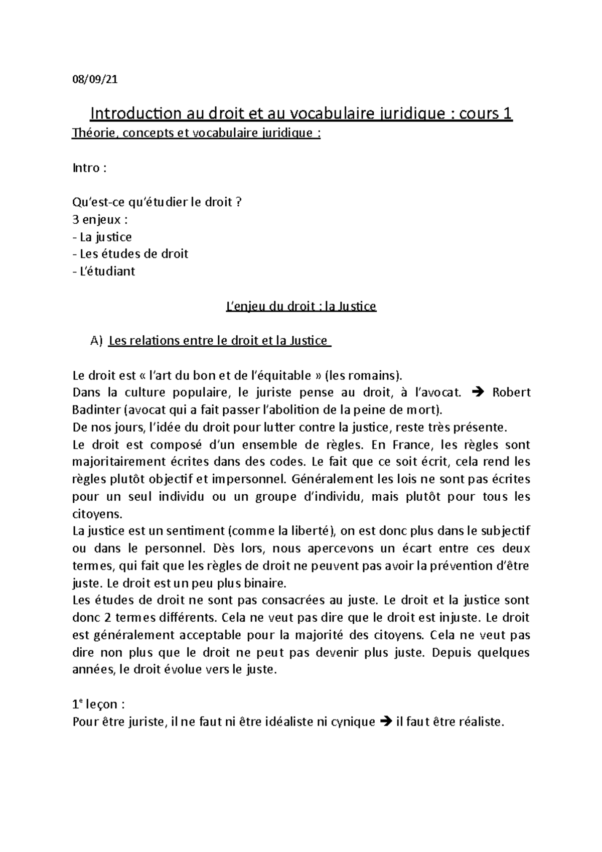 Introduction au Droit et Vocabulaire Juridique - Cours 1 - Studocu