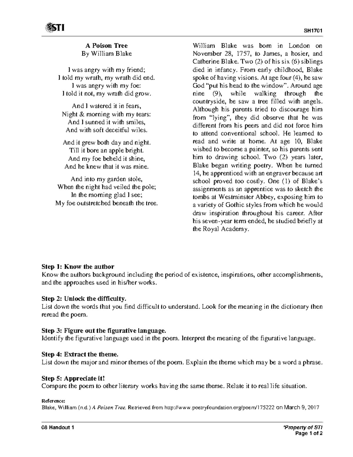 A Poison Tree: Analysis and Insights - 21st Century Lit (STI) - Studocu