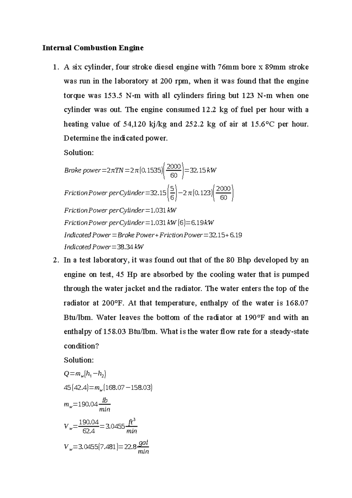 Internal Combustion Engine Dynamics: Analysis & Calculations - Studocu