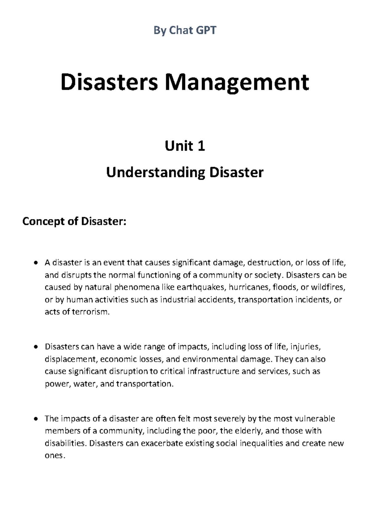 Chat GPT Disaster Management Unit 1: Understanding Disaster Concepts ...