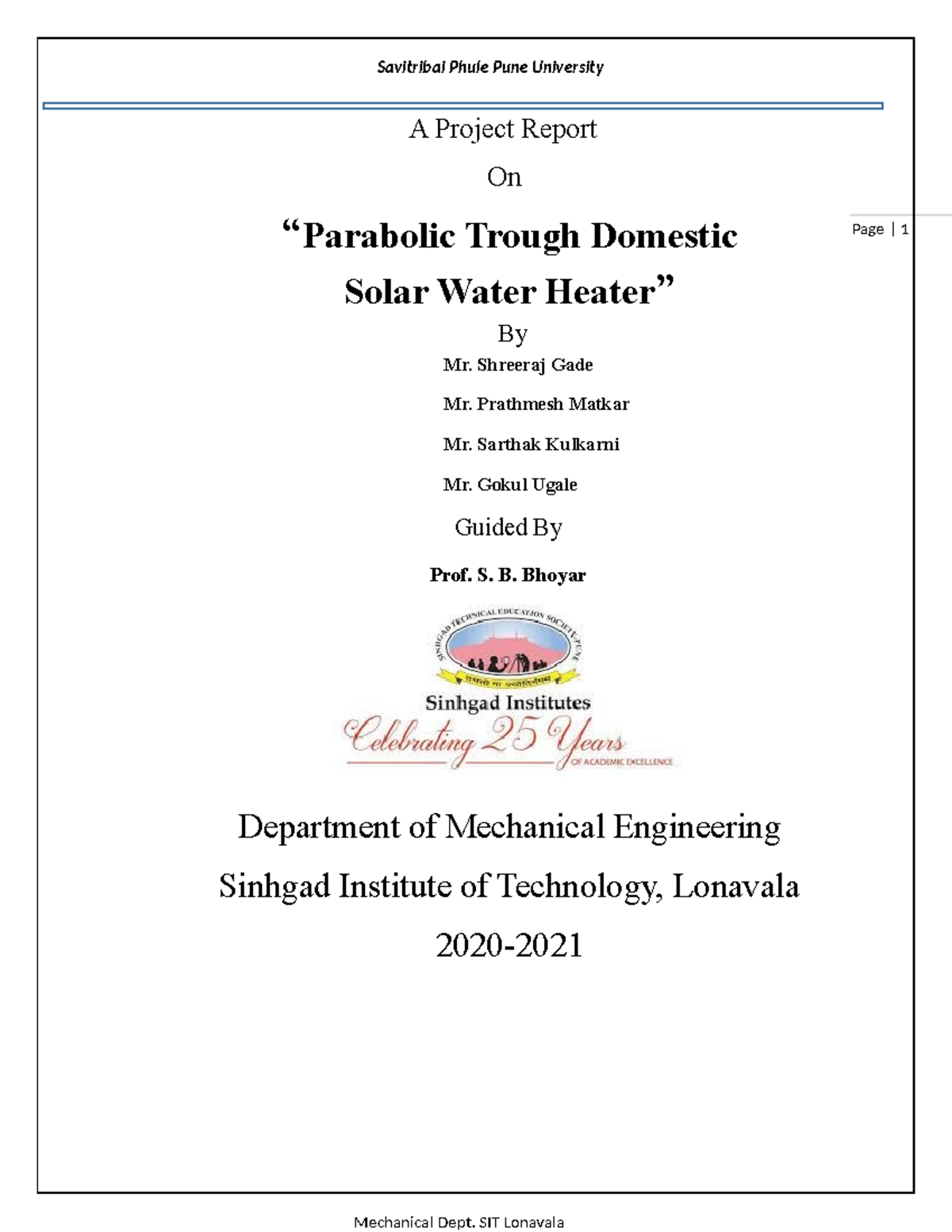 Parabolic Trough Solar Water Heater Final Project Report - ME 2020 ...