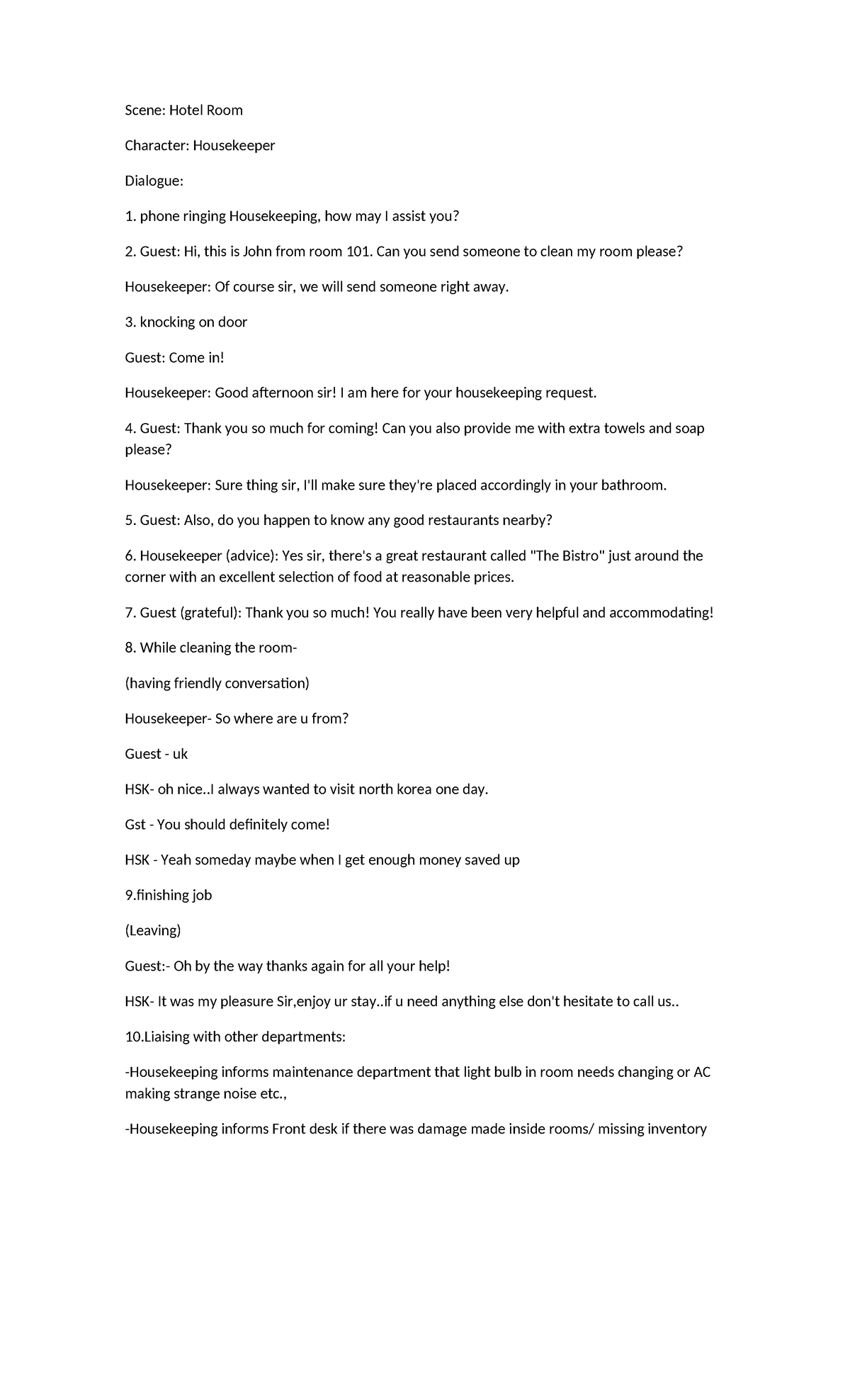 Housekeeping Interaction Script: Room 101 - Hospitality Dialogue - Studocu
