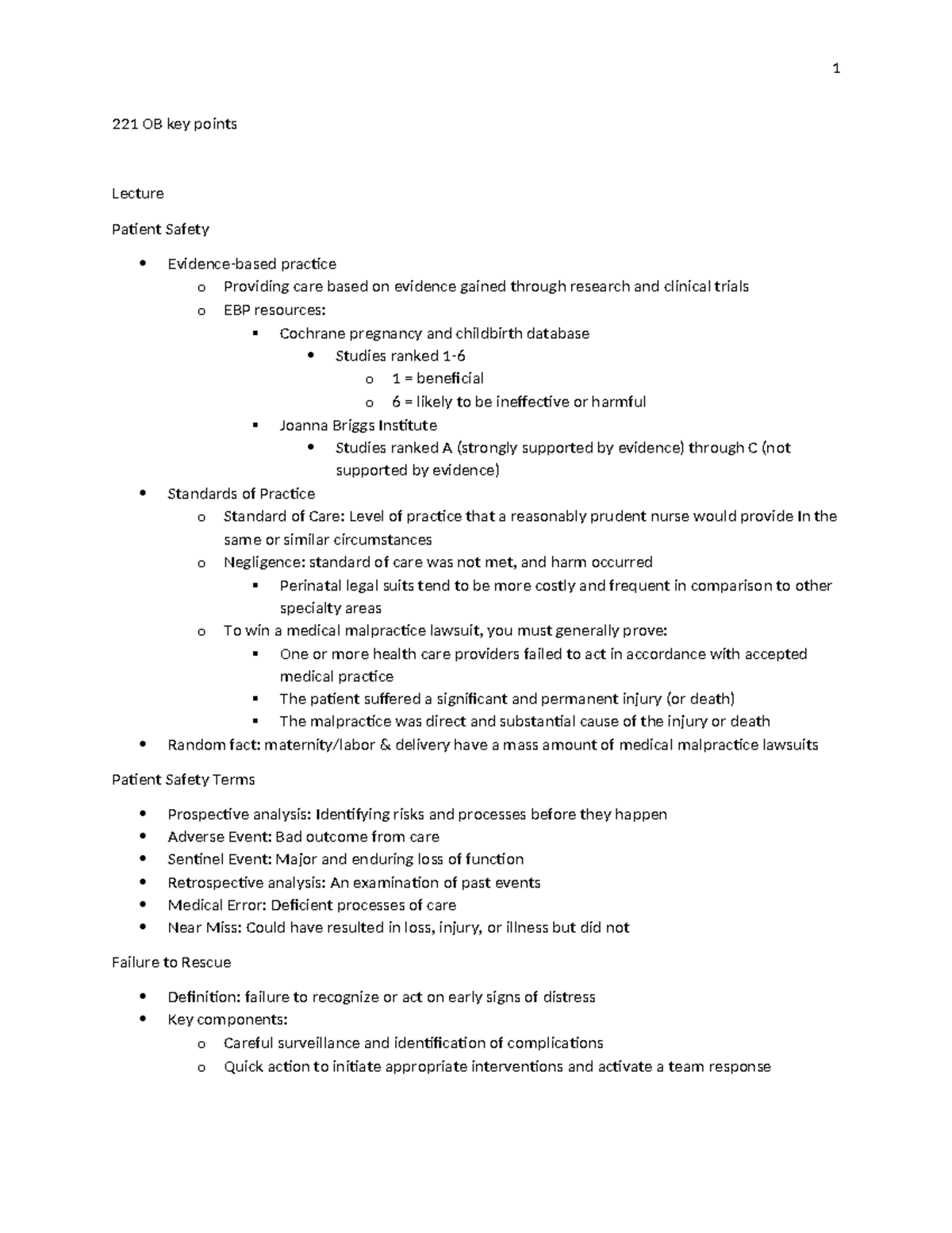 OB 221 Lecture Notes: Key Points on Patient Safety & Care Practices ...