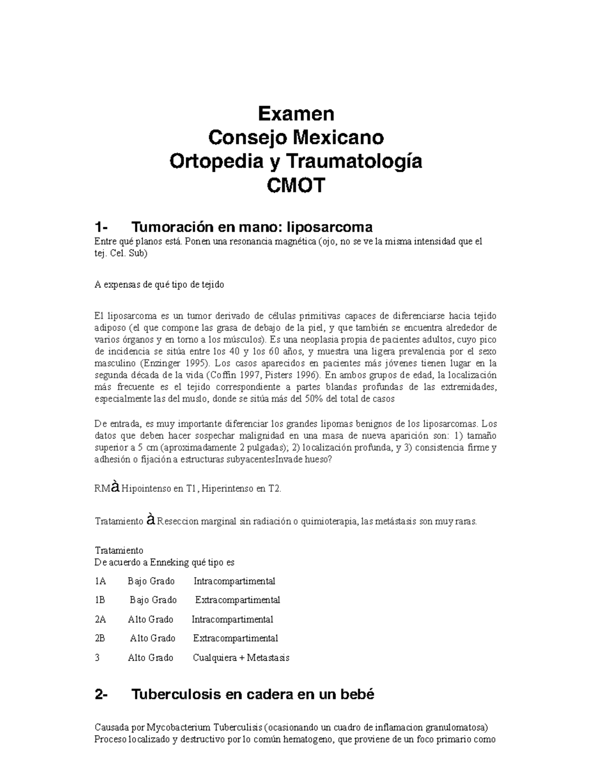 Examen CMOT: Tumores, Tuberculosis y Lesiones Ortopédicas - Studocu