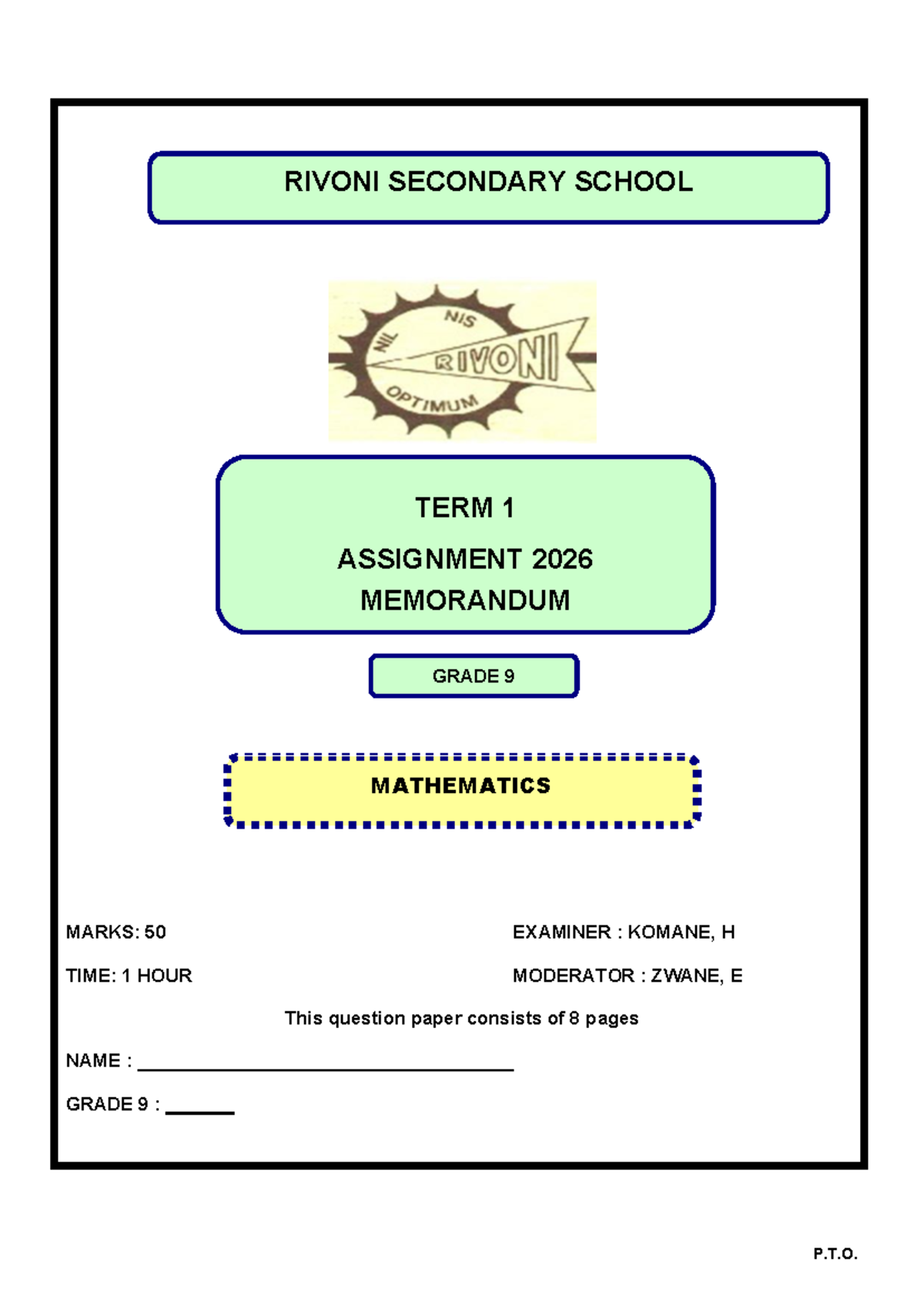 Grade 9 Mathematics Term 1 Assignment 2026 Memorandum - Studocu